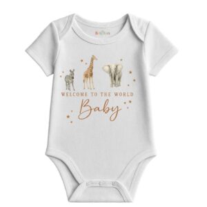 Welcome to the World Baby Bodysuit – Safari Animal Design