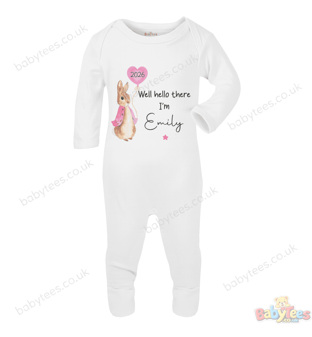“Well Hello There – 2026” Sleepsuit – Rabbit & Heart Balloon Design - Image 2