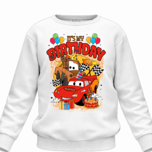 personalised kids birthday t shirt red race car and tow truck cartoon design age 1 to 4