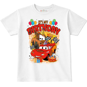 personalised kids birthday t shirt red race car and tow truck cartoon design age 1 to 4