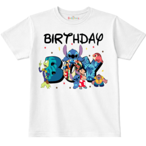 personalised kids birthday t shirt blue alien and friends cartoon design age 1 to 4