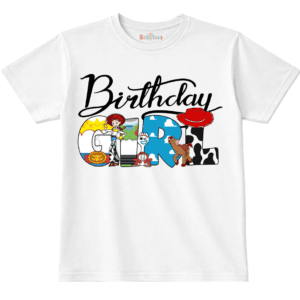 personalised kids birthday t shirt cowgirl and toy friends cartoon design age 1 to 4